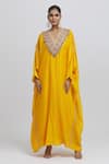 Buy_Anamika Khanna_Yellow Silk Embroidered Floral Kaftan V Neck Yoke _at_Aza_Fashions