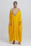 Anamika Khanna_Yellow Silk Embroidered Floral Kaftan V Neck Yoke _Online_at_Aza_Fashions