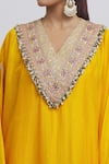 Shop_Anamika Khanna_Yellow Silk Embroidered Floral Kaftan V Neck Yoke _Online_at_Aza_Fashions