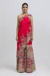 Buy_Anamika Khanna_Red Silk Embroidery One Shoulder Floral Sharara Set With Cape