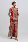 Buy_Anamika Khanna_Red Silk Embroidered Floral Jacket Kurta High Mandarin With Draped Skirt Set _at_Aza_Fashions