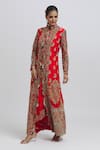 Buy_Anamika Khanna_Red Silk Embroidered Floral Jacket Kurta High Mandarin With Draped Skirt Set _Online_at_Aza_Fashions