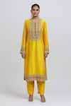 Anamika Khanna_Yellow Silk Embroidered Floral Round Kurta Set _Online_at_Aza_Fashions