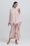 Buy_Anamika Khanna_Pink Silk Embroidered Floral High Mandarin Neck Kaftan And Draped Skirt Set _at_Aza_Fashions