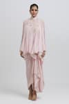 Anamika Khanna_Pink Silk Embroidered Floral High Mandarin Neck Kaftan And Draped Skirt Set _at_Aza_Fashions