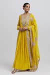 Anamika Khanna_Yellow Silk Embroidered V Neck Yoke Anarkali Set _Online_at_Aza_Fashions