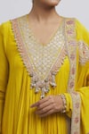 Buy_Anamika Khanna_Yellow Silk Embroidered V Neck Yoke Anarkali Set _Online_at_Aza_Fashions