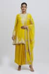 Buy_Anamika Khanna_Yellow Silk Embroidered Floral Round A-line Kurta Pleated Skirt Set _at_Aza_Fashions