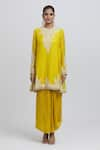 Anamika Khanna_Yellow Silk Embroidered Floral Round A-line Kurta Pleated Skirt Set _Online_at_Aza_Fashions