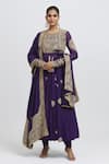 Buy_Anamika Khanna_Purple Silk Embroidered Floral Round Angarkha Set _at_Aza_Fashions