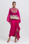 Anamika Khanna_Pink Silk Embroidered Thread Round Neck Floral Cape Skirt Set _at_Aza_Fashions