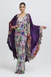 Buy_Anamika Khanna_Purple Silk Printed And Embroidered Floral Cape Open Saree Set _at_Aza_Fashions