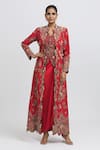 Buy_Anamika Khanna_Red Silk Embroidered Thread Jacket Open Mughal Skirt Set _at_Aza_Fashions