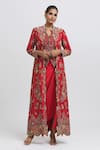 Buy_Anamika Khanna_Red Silk Embroidered Thread Jacket Open Mughal Skirt Set _Online_at_Aza_Fashions