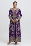 Buy_Anamika Khanna_Purple Silk Beads, Cut Work Open Mughal Pattern Embroidered Jacket Skirt Set_at_Aza_Fashions