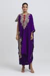 Anamika Khanna_Purple Silk Embroidered Thread Round Neck Paisley Kaftan And Skirt Set _Online_at_Aza_Fashions