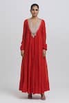 Anamika Khanna Red Silk Embroidery, Sequins, Gota Patti, Beads V-neck Zari Yoke Anarkali Set Online at Aza Fashions Anamika Khanna_Red Silk Embroidery, Sequins, Gota Patti, Beads V-neck Zari Yoke Anarkali Set_Online_at_Aza_Fashions