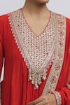 Shop Anamika Khanna Red Silk Embroidery, Sequins, Gota Patti, Beads V-neck Zari Yoke Anarkali Set Online at Aza Fashions Shop_Anamika Khanna_Red Silk Embroidery, Sequins, Gota Patti, Beads V-neck Zari Yoke Anarkali Set_Online_at_Aza_Fashions