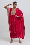 Buy_Anamika Khanna_Red Silk Embroidered Zari Round Neck Kaftan And Skirt Set _at_Aza_Fashions