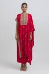 Anamika Khanna_Red Silk Embroidered Zari Round Neck Kaftan And Skirt Set _at_Aza_Fashions