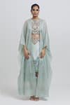 Shop_Anamika Khanna_Blue Silk Embroidered Thread Cape Open Top Skirt Set _Online_at_Aza_Fashions