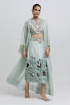 Anamika Khanna_Blue Silk Embroidered Thread Cape Open Top Skirt Set _at_Aza_Fashions