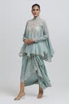 Buy_Anamika Khanna_Blue Silk Embroidered Zardozi High Neck Top And Skirt Set _at_Aza_Fashions