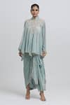 Anamika Khanna_Blue Silk Embroidered Zardozi High Neck Top And Skirt Set _Online_at_Aza_Fashions