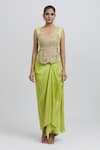 Buy_Anamika Khanna_Green Silk Embroidered Zardozi Cape Open Top Skirt Set 