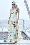 Buy_Nirmooha_Green Lurex Georgette Print Daffodil Front Key Hole Panelled Maxi Dress _at_Aza_Fashions