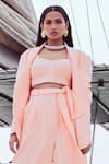 Nirmooha_Peach Micro Solid Shawl Lapel Collar Blazer With Belt _Online_at_Aza_Fashions