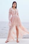 Buy_Nirmooha_Peach Glass Organza Embroidery Mirror V Prism Centre Slit Maxi Gown _at_Aza_Fashions