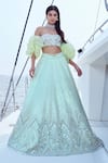 Buy_Nirmooha_Green Shimmer Georgette Embroidery Mirror Off Prism Chevron Lehenga Set _at_Aza_Fashions