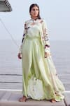 Buy_Nirmooha_Green Modal Satin Print Floral Mosaic Mandarin Collar Cape Draped Pant Set _at_Aza_Fashions