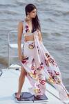 Buy_Nirmooha_Peach Modal Satin Print Patola Mosaic High Waist Side Slit Pant _at_Aza_Fashions