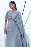 Nirmooha_Grey Crepe Hand Embroidered Beads V Pre-draped Saree With Blouse _Online_at_Aza_Fashions