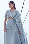 Nirmooha_Grey Crepe Hand Embroidered Beads V Neck Pre-draped Saree With Blouse _Online_at_Aza_Fashions