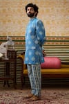 Soup by Sougat Paul_Blue Malaysian Sil Print Bandhej Floral Bandhgala Kurta Set _at_Aza_Fashions