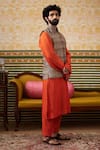 Buy_Soup by Sougat Paul_Orange Kurta And Pant Chanderi Embellished Bundi Geometric Adah Set _Online_at_Aza_Fashions