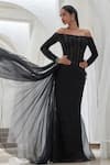 Buy_Mahima Mahajan_Black Net Embellished Sequin Off Shoulder Adina Work Panelled Gown_at_Aza_Fashions