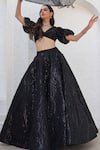 Shop_Mahima Mahajan_Black Net Embellished Crystal V-neck Aafa Sequin Wavy Pattern Lehenga Set _Online_at_Aza_Fashions