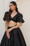 Mahima Mahajan_Black Net Embellished Crystal V-neck Aafa Sequin Wavy Pattern Lehenga Set _at_Aza_Fashions