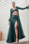 Buy_Mahima Mahajan_Green Net Embellished Crystal Blouse Safa Sequin Cape Slit Skirt Set_at_Aza_Fashions