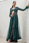 Shop_Mahima Mahajan_Green Net Embellished Crystal Blouse Safa Sequin Cape Slit Skirt Set_at_Aza_Fashions