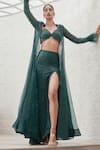 Buy_Mahima Mahajan_Green Net Embellished Crystal Blouse Safa Sequin Cape Slit Skirt Set_Online_at_Aza_Fashions