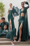 Buy_Mahima Mahajan_Green Net Embellished Crystal Blouse Safa Sequin Cape Slit Skirt Set