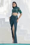 Buy_Mahima Mahajan_Green Net Embellished Sequin Band Collar Samiya Cluster Blouse With Slit Skirt _at_Aza_Fashions