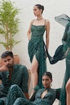 Mahima Mahajan_Green Net Embellished Sequin Halter Neck Tabia Wave Slit Gown _Online_at_Aza_Fashions