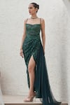 Shop_Mahima Mahajan_Green Net Embellished Sequin Halter Neck Tabia Wave Slit Gown _Online_at_Aza_Fashions