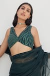 Shop_Mahima Mahajan_Green Net Embellished Sequin Tamia Plain Ruffle Pre-stitched Saree Blouse Set _Online_at_Aza_Fashions